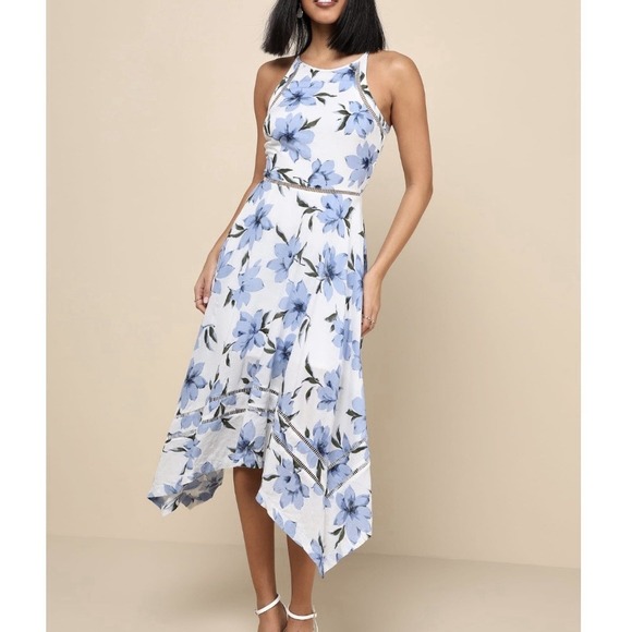 Lulus Zahara Blue White Floral Cotton Sleeveless Midi Dress Size SMALL - Picture 3 of 11
